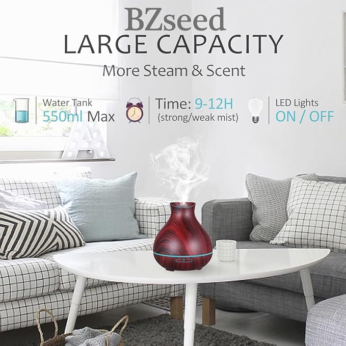 BZseed Aromatherapy Essential Oil Diffuser 550ml 12 Hours Wood Grain Aroma Diffuser with Timer Cool Mist Humidifier for Large Room, Home, Baby Bedroom, Waterless Auto Shut-off,7 Colors Lights Changing-CubbioJoy