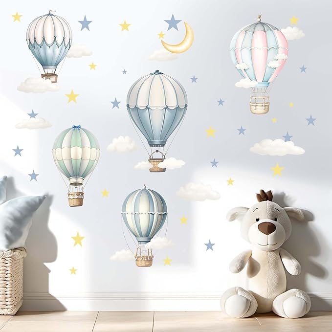 Balloon Wall Decals for Kids Room: Peel and Stick Hot Air Balloon Stars Cloud Wall Stickers - Baby Nursery Boys Room Girls Bedroom - Children Supplies Ages 1-12 Years Wall Decor Art-CubbioJoy