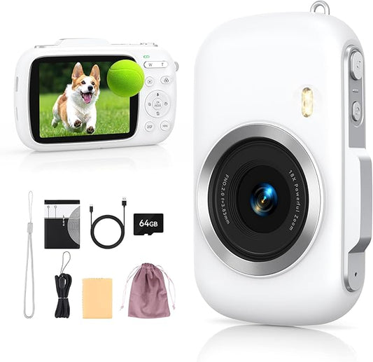 Digital Camera 4K 64MP - Vlogging Camera for Kids & Beginners | 18X Zoom Point and Shoot Camera Anti Shake, Compact with Flash, Gift for Boys Girls(White+Silver)-CubbioJoy