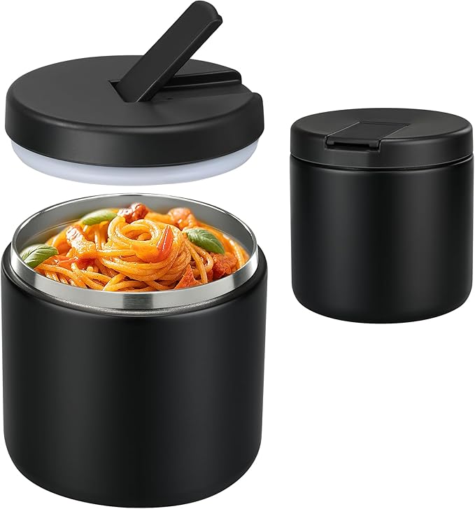19oz Insulated Vacuum Food Jar with Buckle Lid Wide Mouth Soup Thermo for Hot Food Kids Leakproof Stainless Steel Lunch Container- Black-1Pack-CubbioJoy