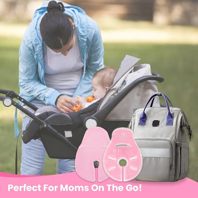 2 Larger Breast Ice Packs with Soft Covers and 6 Breast Pads for Leaking Milk, Hot and Cold Breast Therapy Packs, Breastfeeding Essentials for Relief of Clogged Ducts, Nipple Pain, Engorgement(Pink)-CubbioJoy