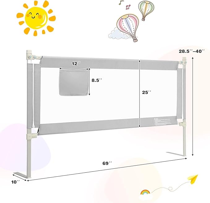 BABY JOY Bed Rail for Toddlers, 69’’ Extra Long, Height Adjustable & Foldable Baby Bed Rail Guard w/Storage Pocket & Double Safety Child Lock for Kids Twin Double Full Size Queen King Mattress (Gray)-CubbioJoy