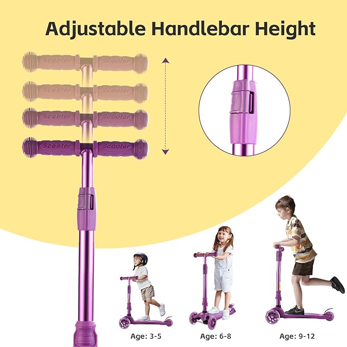 3 Wheel Scooter for Kids Ages 6-12,Kids Scooter with Light Up Wheels, Sturdy Deck Design, and 4 Height Adjustable Suitable for Kid Ages 3-12-CubbioJoy