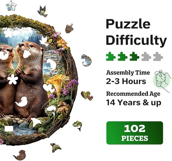 Jigfoxy Wooden Puzzles for Adults, Otter Couple Wood Puzzles Adult, Unique Animal Shape Wooden Jigsaw Puzzles for Adults, Birthday Gifts for Puzzle Lovers Family Friend (S-8.1 * 8.4in-102pcs)-CubbioJoy