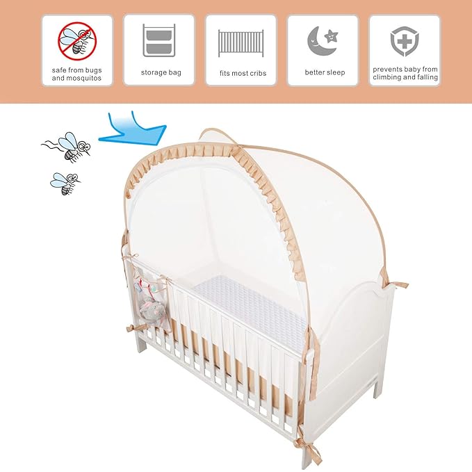 Baby Safety Crib Tent Infant Pop up Mosquito Net Nursery Bed Canopy Netting Cover - Keep Baby from Climbing Out with Hanging Diaper Storage Bag (Beige)-CubbioJoy