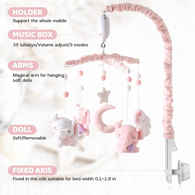 Baby Crib Mobile - Elephant Mobile for Crib with 25 Inches Mobile Arm and 35 Lullabies Musical Box, 3 Modes Digital, Volume Control, Essential Gift for Infant Boys Girls Bedroom Hanging Decor-CubbioJoy