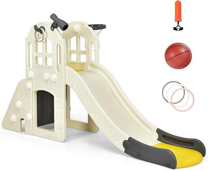 BABY JOY Toddler Large Slide, 6 in 1 Slide for Kids with Basketball Hoop, Ring Toss, 2 in 1 Convertible Climbing Way, Freestanding Kids Slide Climber Set for Indoors Outdoor Boys Girls Gifts Present-CubbioJoy