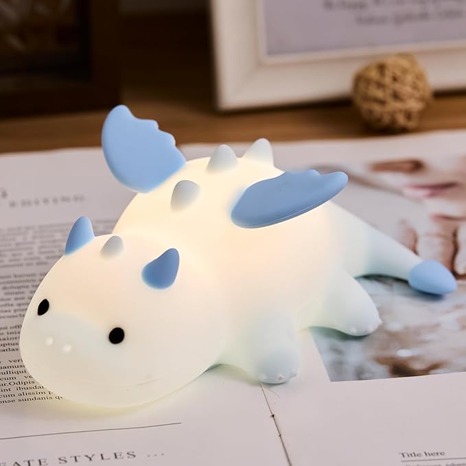 Cute Baby Dragon Kids Night Light for Kids,Cute Soft Silicone Lamp 3 Level Dimmable Changing Rechargeable Breastfeeding Nursery Portable Kawaii Lamps,Bedside Lamp for Baby and Toddler,Boy Girls（Blue）-CubbioJoy
