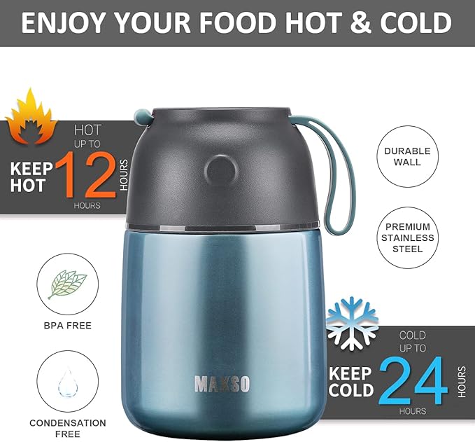 Insulated Thermo Food Jar for Hot & Cold Food for Kids Adult, 17 oz Soup Thermal Hot Food Containers for Lunch, Triple Layer Insulation Stainless Steel Food Jar with Spoon (Lightblue)-CubbioJoy