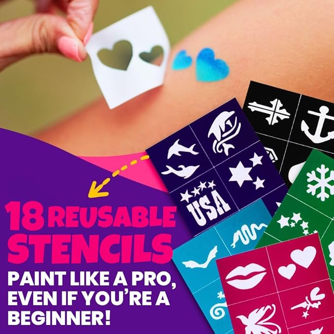 Blue Squid Body Crayon Sticks & Face Paint Kit Bundle - 18 XL Crayons & Markers for Skin & 18-color Face Painting Kit for Kids with 24x Stencils, Brushes, and Design Book, Ideal for Toddlers & Parties-CubbioJoy