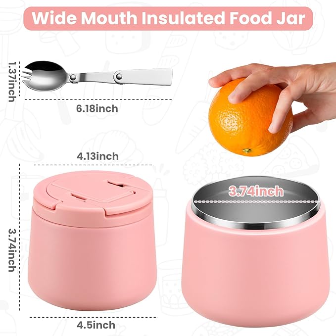 14oz Insulated Vacuum Food Jar with Buckle Lid,Soup Thermo for Hot Food Kids,Wide Mouth Leakproof Stainless Steel Lunch Container with Spoon-Pink-CubbioJoy