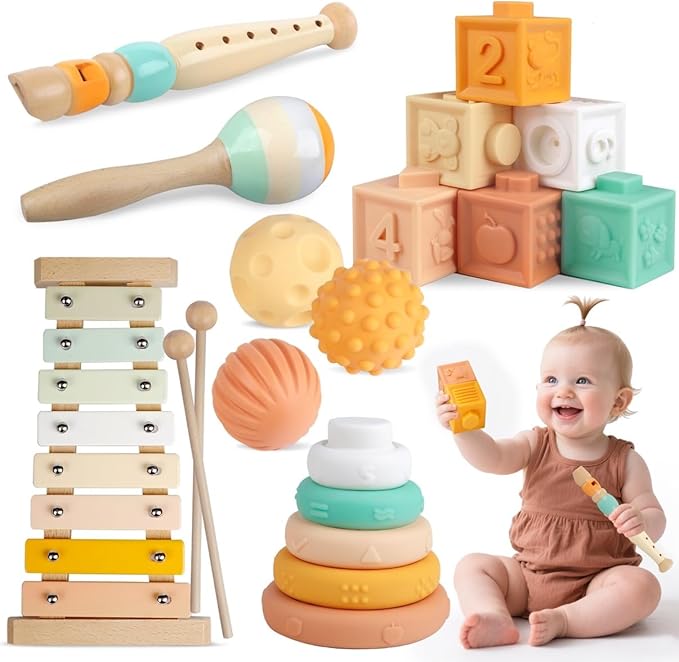 Baby Toys 6-12 Months Montessori Toys for Babies 9 Months,Wooden Musical Instruments Toy Stacking Building Blocks,Infant Teething Toys Sensory Balls,Xylophone,Birthday Gift for Toddlers 1+ Year Old-CubbioJoy