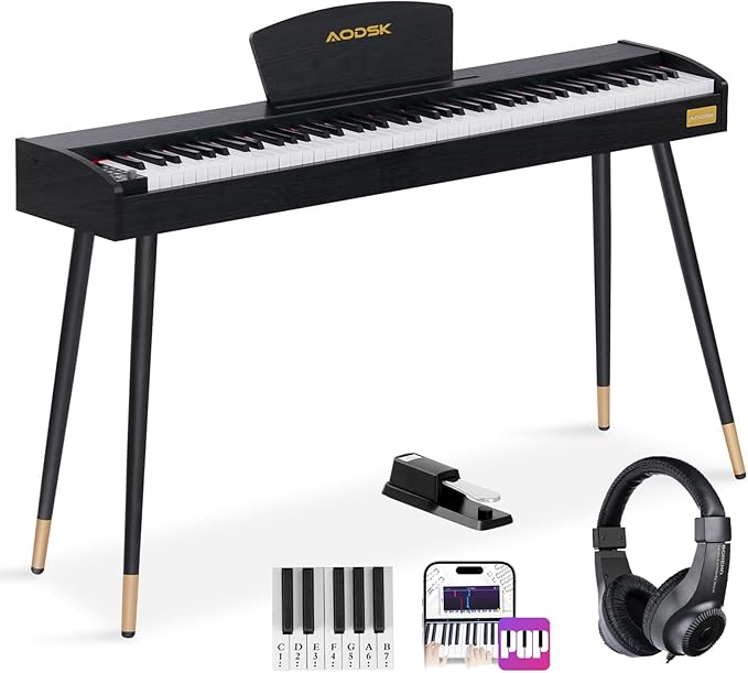 AODSK Beginner Digital Piano 88 Key Keyboard,Full-size Electric Piano for Beginners,with Sheet Music Stand,Pedal,Power Adapter,Headphone Mode,USB-MIDI,Piano Lessons,Black,-Comes with headphones-CubbioJoy