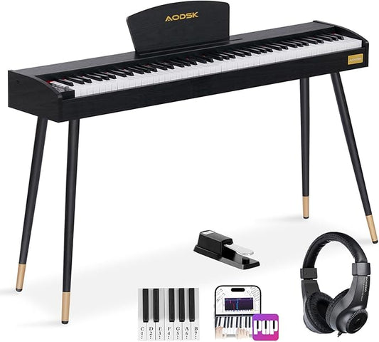 AODSK Beginner Digital Piano 88 Key Keyboard,Full-size Electric Piano for Beginners,with Sheet Music Stand,Pedal,Power Adapter,Headphone Mode,USB-MIDI,Piano Lessons,Black,-Comes with headphones-CubbioJoy