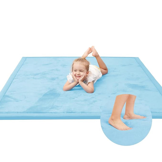 Baby Play Mat for Floor,1.3" Thick Memory foam Tummy Time Mat,Soft Coral Velvet Nursery Rug for Toddlers,Infants,kids,Extra Large Non Slip for Crawling,Tatami Style(Light Blue)-CubbioJoy