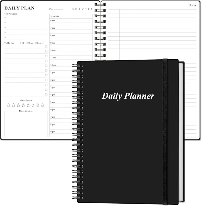 Daily Planner Undated - B5 To Do List Notebook Hourly Schedules, Spiral Appointment Planner for Women and Men, PVC Hardcover, Inner Pocket, Elastic Closure, 7" x 10", Black-CubbioJoy