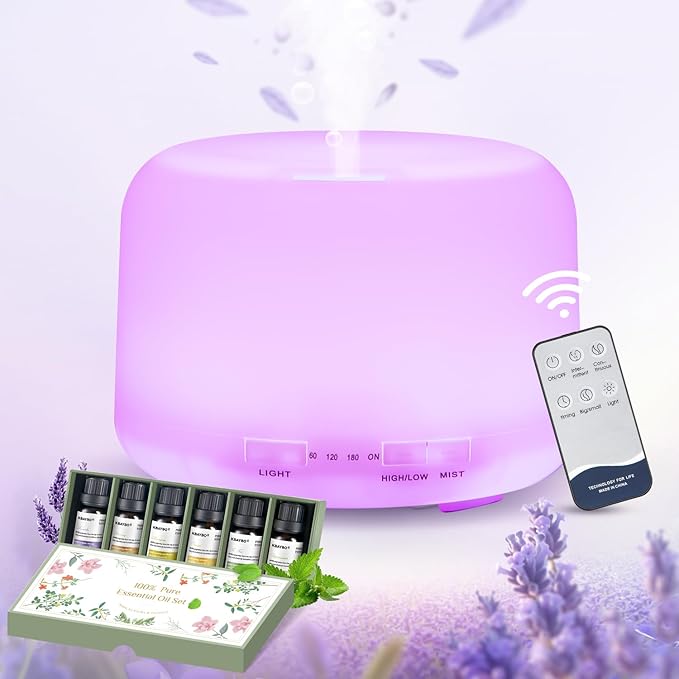 Diffusers for Essential Oils Large Room 500ML+6 Oil Set, Bluetooth Speaker+Remote+8 RGB Lights Essentail Oil Diffuser, Easy to Use & 23Db 100% Quiet Oil Diffuser Large Room, Diffusers for Home-CubbioJoy