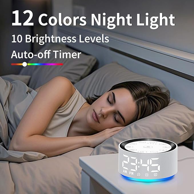 Brown Noise Machine Alarm Clock Sound White Noise Machine Night Light with 30 Sleeping Sounds for Baby Kids Adults 2 Alarms Backup Battery 32 Level Volume 15 Wake up Sounds for Mild Heavy Sleeper-CubbioJoy