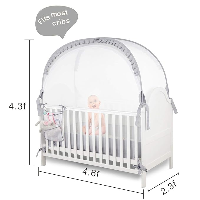 Baby Safety Crib Tent Infant Pop up Mosquito Net Nursery Bed Canopy Netting Cover - Keep Baby from Climbing Out with Hanging Diaper Storage Bag (Gray)-CubbioJoy