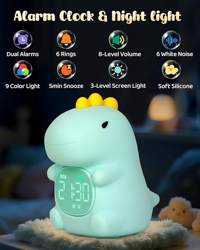 Dinosaus Alarm Clock for Kids with Night Light, Sleep Training Clock Time to Wake Clock, Rechargeable Silicone Light for Bedroom, Perfect Sleep Companion for Boys Girls-CubbioJoy