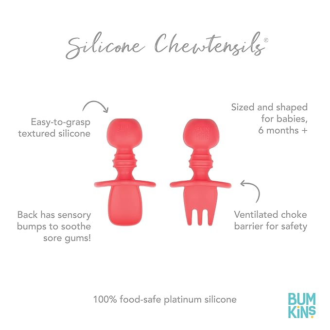 Bumkins Baby Utensils Set, Chewtensils Silicone Spoons for Dipping, Self-Feeding, Baby Led Weaning, Trainer Learning, First Stage Eating, Soft Practice Fork and Spoon, Babies 6 Months, Red-CubbioJoy