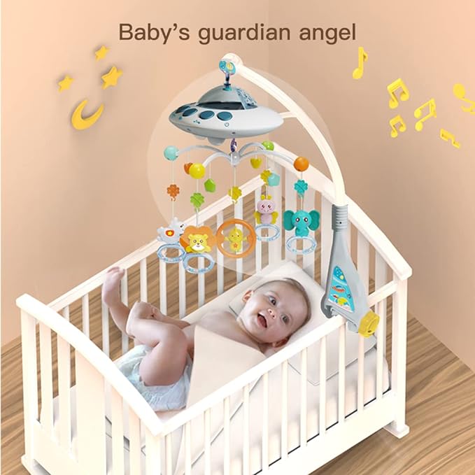 Baby Musical Crib Mobile with Night Lights and Relaxing Music,Hanging Rotating Animals Rattles,Stars Projection,Remote Control,for Boy Girl Newborn Baby Toys（Blue）-CubbioJoy