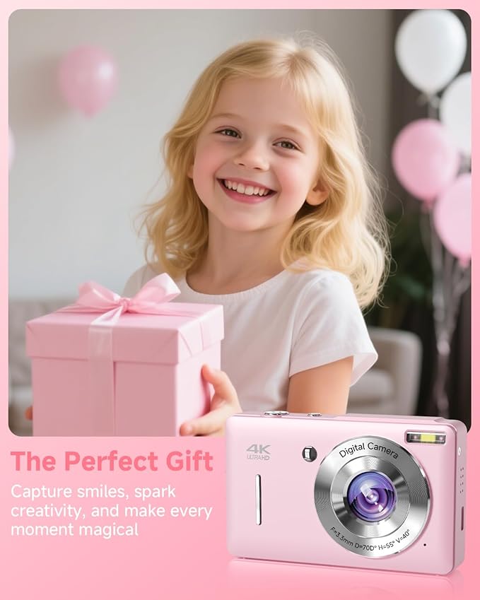 Digital Camera, 44MP FHD 1080P, 16X Zoom, 32GB SD Card, Compact Camera for Kids Teens Adults, Pink-CubbioJoy