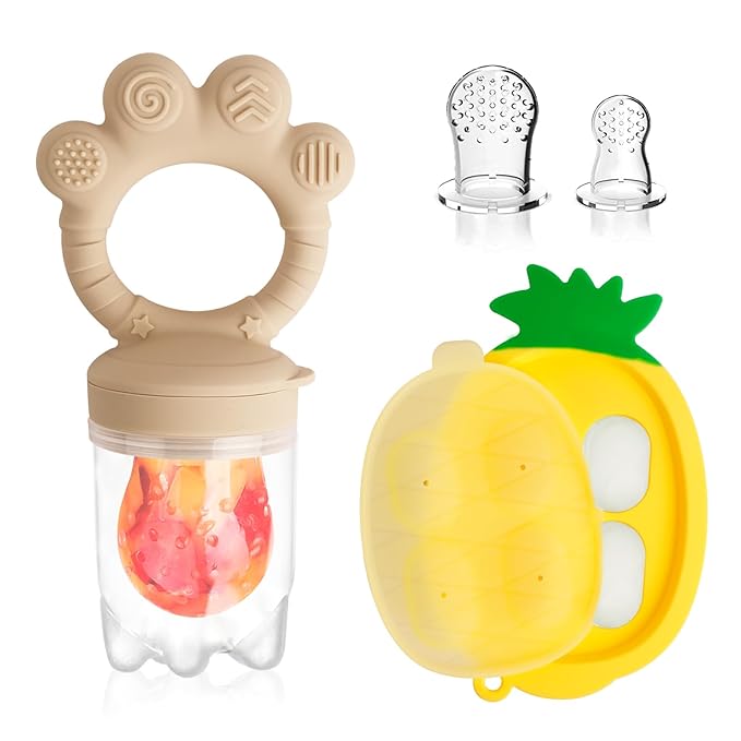 Baby Fruit Food Feeder - Silicone Nibble Tray Combo - Breastmilk Popsicle Mold for Cooling Relief, BPA Free Mesh Feeder for Infant Self Feeding (Claw Beige + Pineapple)-CubbioJoy