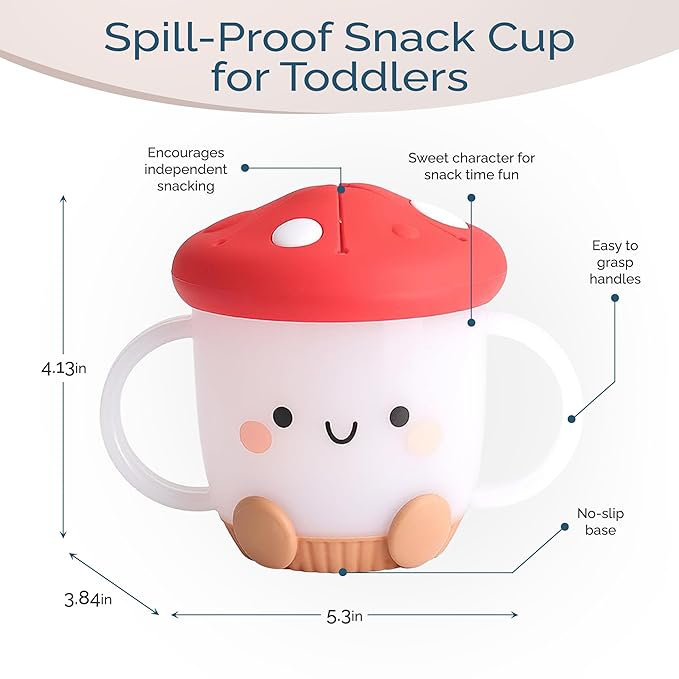 Itzy Ritzy Toddler Snack Cup - Spill-Proof Snack Cup for Toddlers with Soft Silicone Lid for Easy Food Access - Easy-To-Hold Kids Snacks Container With Handles - Ideal for 12 months & Up (Mushroom)-CubbioJoy