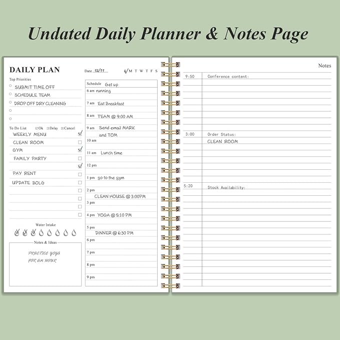 Daily Planner Undated - B5 To Do List Notebook Hourly Schedules, Spiral Appointment Planner for Women and Men, PVC Hardcover, Inner Pocket, Elastic Closure, 7" x 10", Green-CubbioJoy
