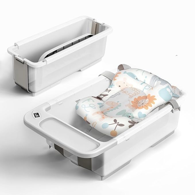 Collapsible Baby Bathtub - Large Capacity Baby Bath Tub with Thermometer & Soft Cushion | Portable Travel Newborn Infant Bathtub | Foldable Toddler Bathtub for Baby 0 to 36 Months (no Stand)-CubbioJoy