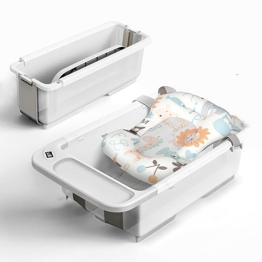 Collapsible Baby Bathtub - Large Capacity Baby Bath Tub with Thermometer & Soft Cushion | Portable Travel Newborn Infant Bathtub | Foldable Toddler Bathtub for Baby 0 to 36 Months (no Stand)-CubbioJoy