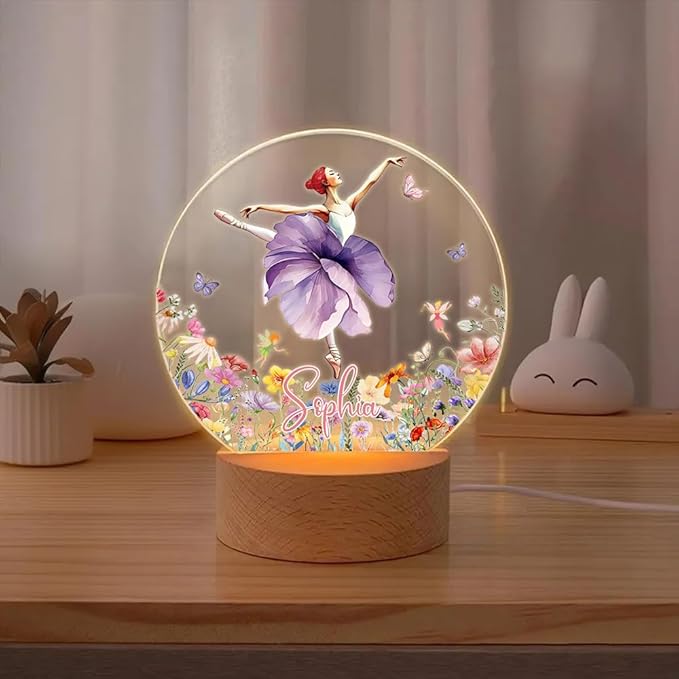 callie Acrylic Night Light Name Plate Personalized, Custom Cute Fox Deer Turtle Forest Animal with Wooden Base Bedroom Decor, Birthday Gifts Kid Gifts for Family (Beautiful Ballet Girl)-CubbioJoy