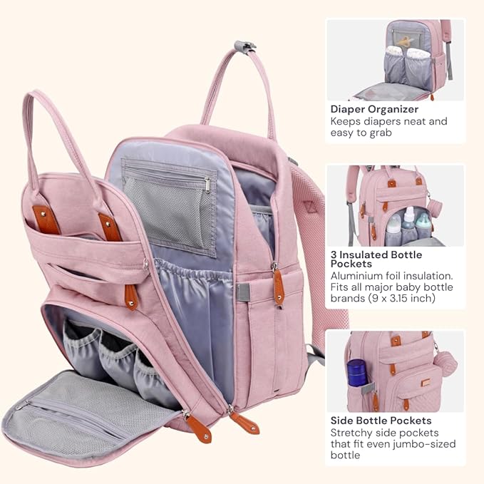 BabbleRoo Diaper Bag Backpack - Baby Essentials Travel Tote - Multi function Water Resistant Diaper Bag, Travel Essentials Baby Bag with Changing Pad, Stroller Straps & Pacifier Case - Unisex, Pink-CubbioJoy