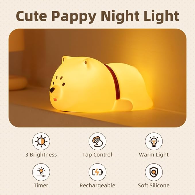 Cute Puppy Night Light for Baby Kids - Rechargeable Touch Control Night Light with 3 Brightness, Warm Light, Timer & Soft Silicone - Nursery Bedroom-CubbioJoy
