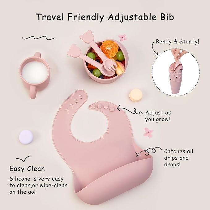 Baby Feeding Set, 13PCS Silicone Baby Self Feeding Set, Toddler Led Weaning Utensils Set with Suction Bowl and Plate, 3 Set of Baby Spoon and Fork, Adjustable Bid, Sippy Cup with Straw and 2 Lids-CubbioJoy