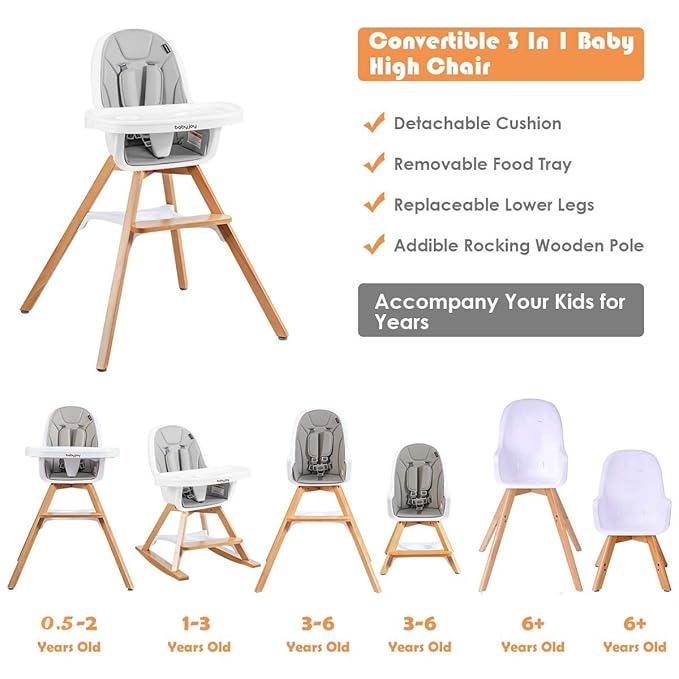 BABY JOY 3 in 1 High Chair, Baby Eat & Grow Convertible Wooden High Chair/Rocking Chair/Booster Seat/Toddler Chair, Infant Dining Chairs w/Double Removable Tray, 5-Point Seat Belt & PU Cushion, Gray-CubbioJoy