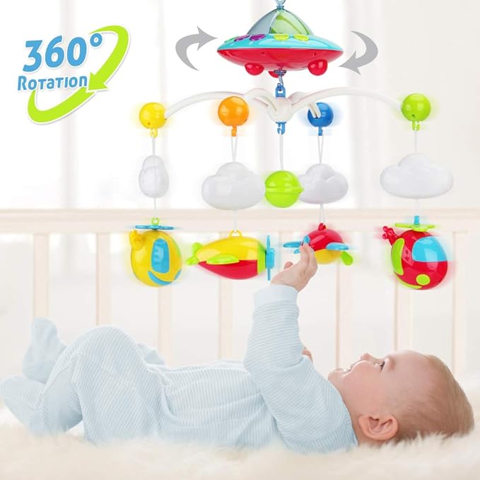 Baby Musical Crib Mobile with Hanging Rotating Toys, Remote Control, Lights Projector Function Music Box, Cartoon Rattles for Babies Boy Girl 0-24 Months, Newborn Sleep with 108 Melodies (Plane)-CubbioJoy