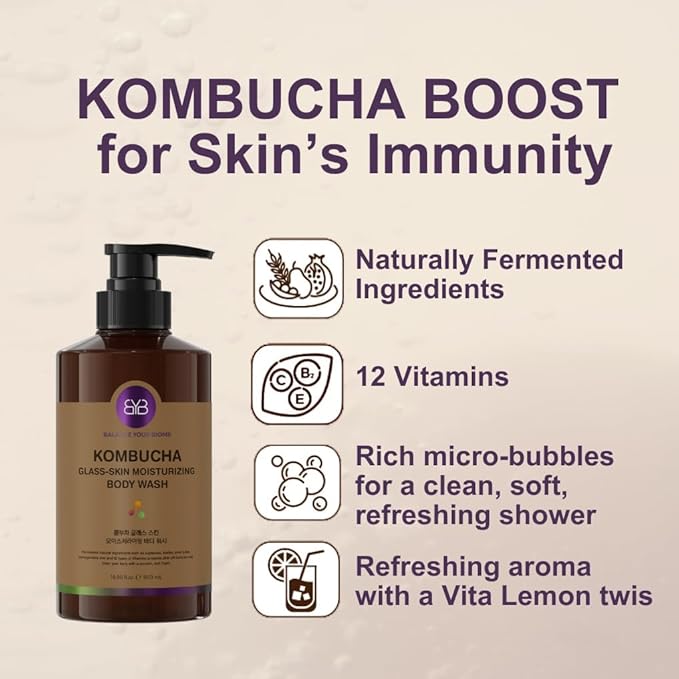 BALANCE YOUR BIOME Kombucha Glass-Skin Moisturizing Body Wash, K-Beauty,Fermented soybean, barley, Pear Juice, Pomegranates,12 Vitamins, Nurishing, Cleansing, 16.9 fl.oz.500ml, No Silicone-CubbioJoy