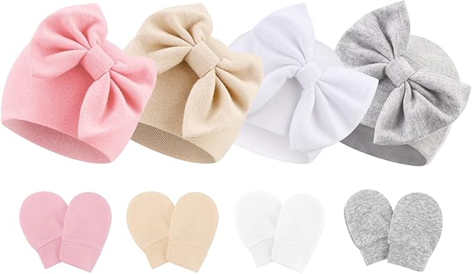 BQUBO Newborn Baby Hats Mittens Set Hospital Hat Beanie Infant Bow Hats Baby Gloves No Scratch Mittens for 0-6 Months-CubbioJoy