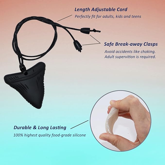 Chewy Necklace Sensory for Kids and Adults, Shark Tooth Silicone Autism Chew Toys Sensory for Boys Girls with ADHD, Anxiety, SPD, 3 Pack Chewing Necklace - BPA Free-CubbioJoy