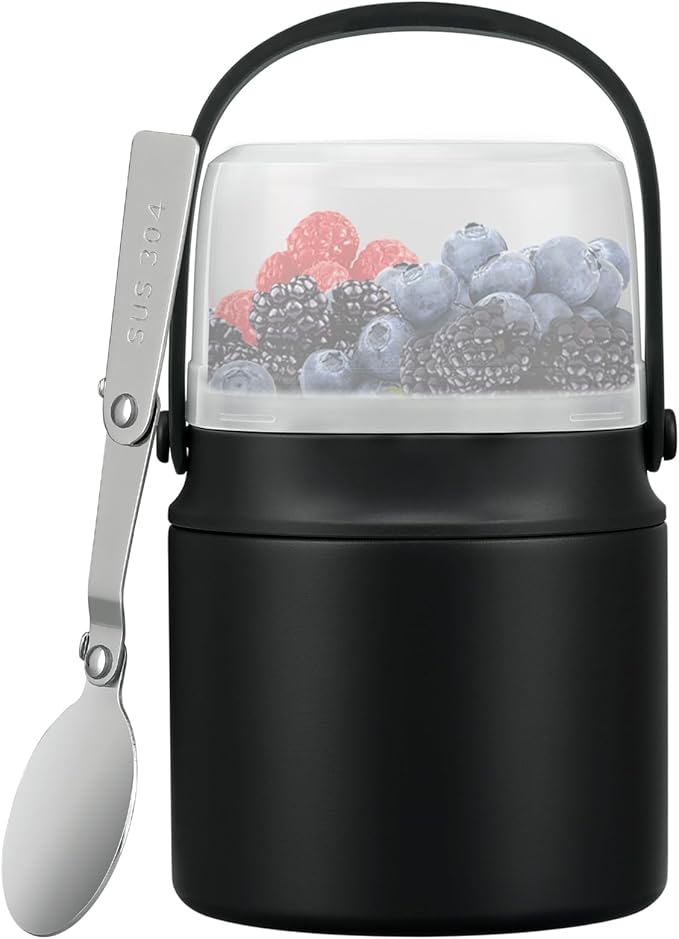 2-in-1 Insulated Food Jar & Snack Container - 15oz Kids Soup Thermos for Hot Food with Handle and Spoon, Leak Proof Reusable Toddler Snack Box, Perfect for School & Travel, Black-CubbioJoy
