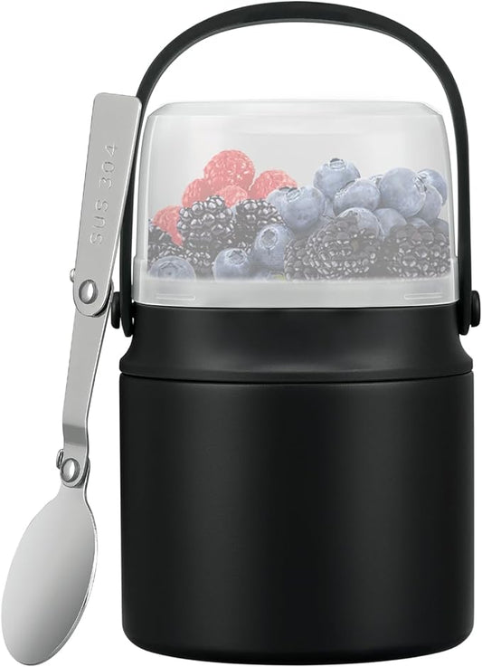 2-in-1 Insulated Food Jar & Snack Container - 15oz Kids Soup Thermos for Hot Food with Handle and Spoon, Leak Proof Reusable Toddler Snack Box, Perfect for School & Travel, Black-CubbioJoy