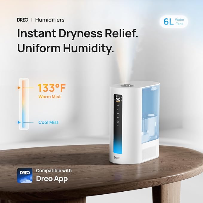 Dreo 6L Humidifiers for Bedroom, Smart Warm & Cool Mist for Large Room, 60Hr Quiet Runtime for Baby, Plant, Humidity Sensor, Indicator Light, 12H Timer, Google/Alexa, Blue-CubbioJoy