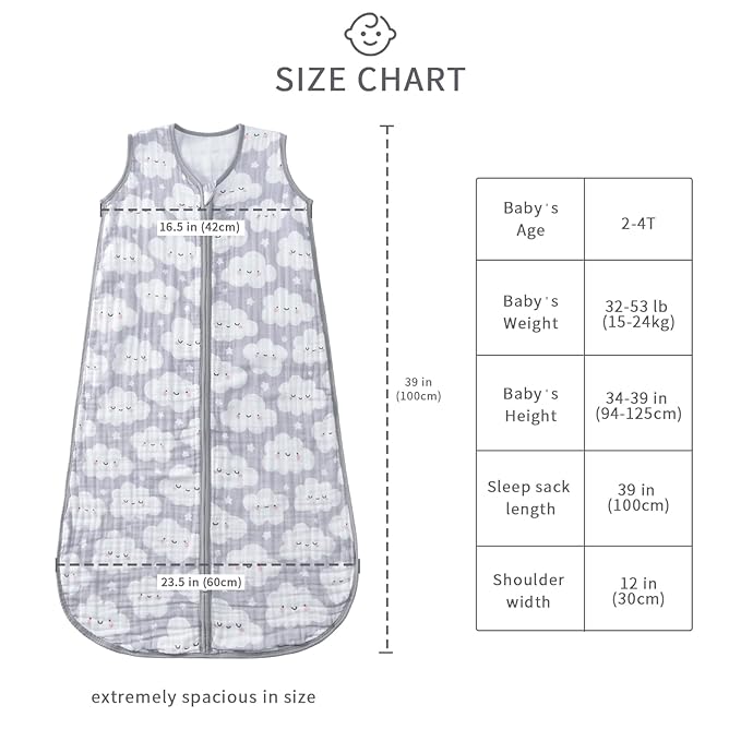 Baby Sleep Sack 2-4 T Baby Wearable Blanket 100% Organic Cotton 0.5 TOG Toddler Sleep Sacks 2- Way Zipper Soft 4 Layers 2T 3T 4T Cloud-CubbioJoy