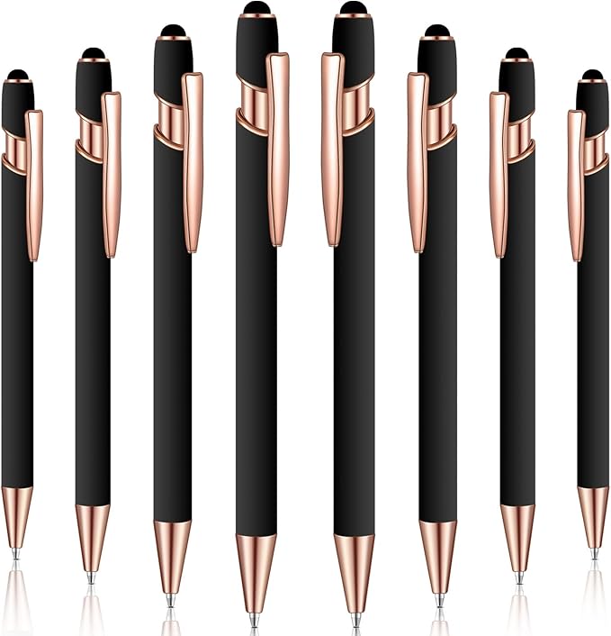 8 Pieces Ballpoint Pen with Stylus Tip Black Ink 2 in 1 Stylus Metal 1.0 mm Medium Point Smooth Pen Rainbow Colorful Rubberized Ballpoint for Touch Screen Tablet(Rose Gold, Black)-CubbioJoy