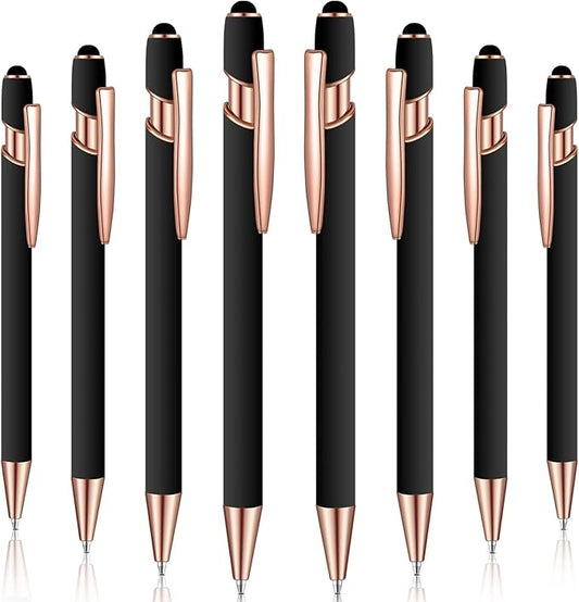8 Pieces Ballpoint Pen with Stylus Tip Black Ink 2 in 1 Stylus Metal 1.0 mm Medium Point Smooth Pen Rainbow Colorful Rubberized Ballpoint for Touch Screen Tablet(Rose Gold, Black)-CubbioJoy