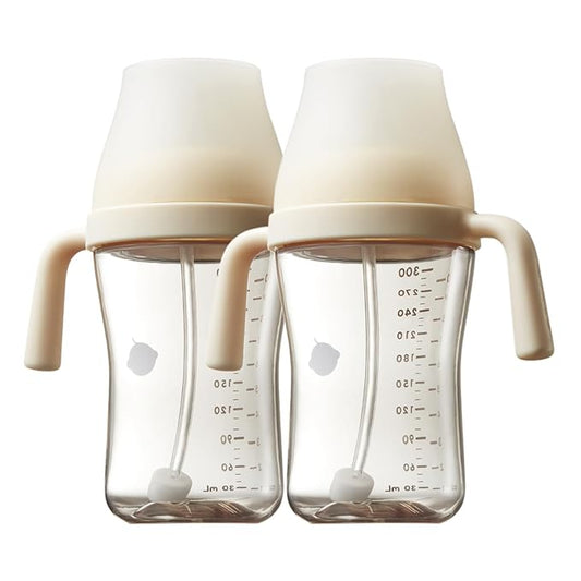 Bc babycare Sippy Cup Learner for 6+ Month Old with Nipples & Handles, Spill Proof Sippy Cup, Weighted Straw Toddler Cups, Anti-Choking Baby Cups 2 Packs, Beige-CubbioJoy