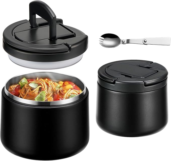 14oz Insulated Vacuum Food Jar with Buckle Lid,Soup Thermo for Hot Food Kids,Wide Mouth Leakproof Stainless Steel Lunch Container with Spoon-Black-CubbioJoy