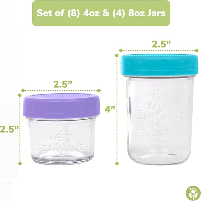 WeeSprout Glass Baby Food Storage Jars - 12 Set, 4 oz/8 oz Baby Food Jars, Plastic Lids, Freezer Storage, Reusable Small Glass Baby Food Containers, Microwave & Dishwasher Safe, for Infant & Baby Food-CubbioJoy